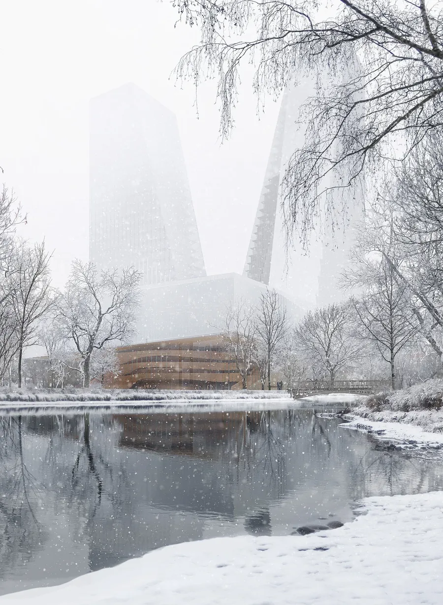 建筑风格迁移公共预设的底图，雪景中的双塔建筑与湖面